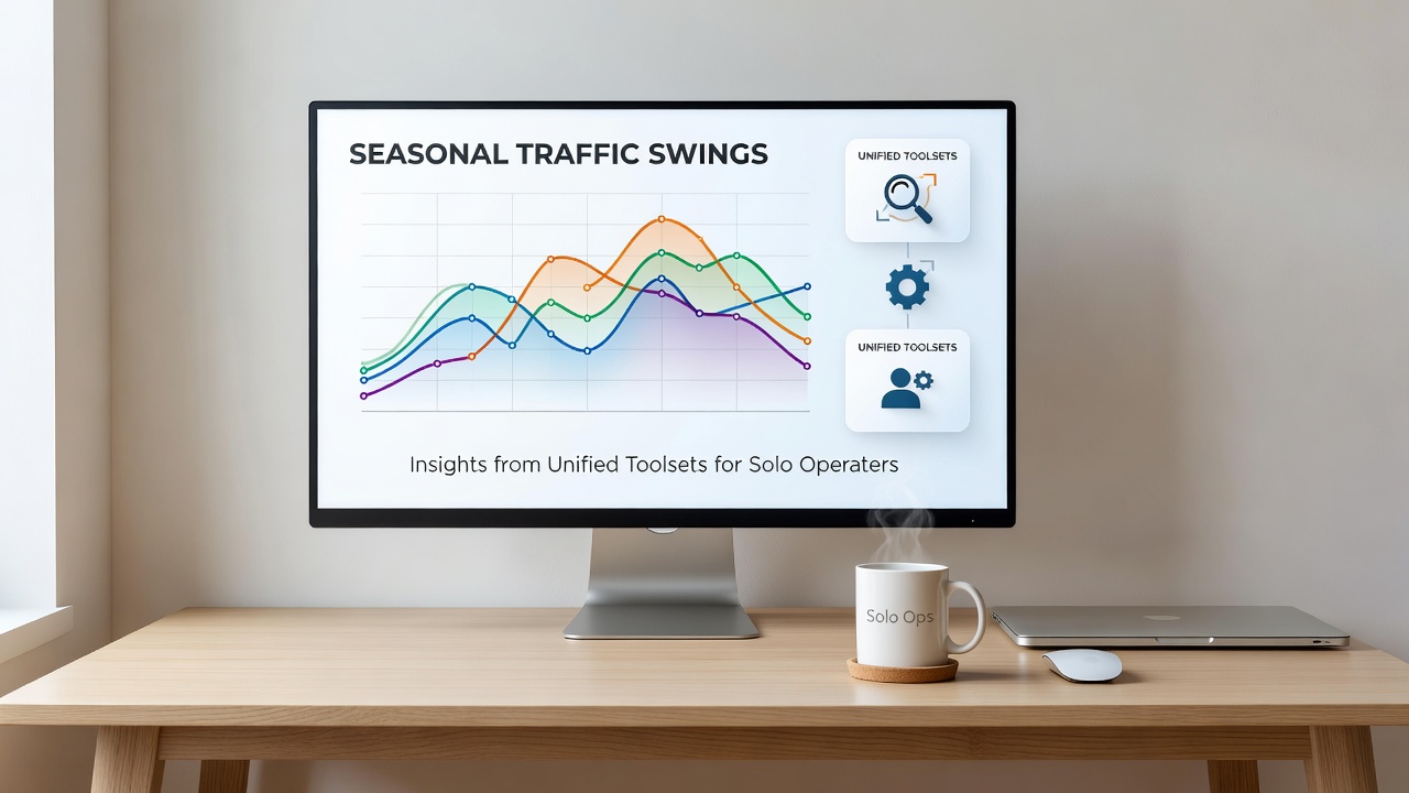 Unified analytics interface displaying traffic source breakdowns and seasonal comparison charts for solo website operators